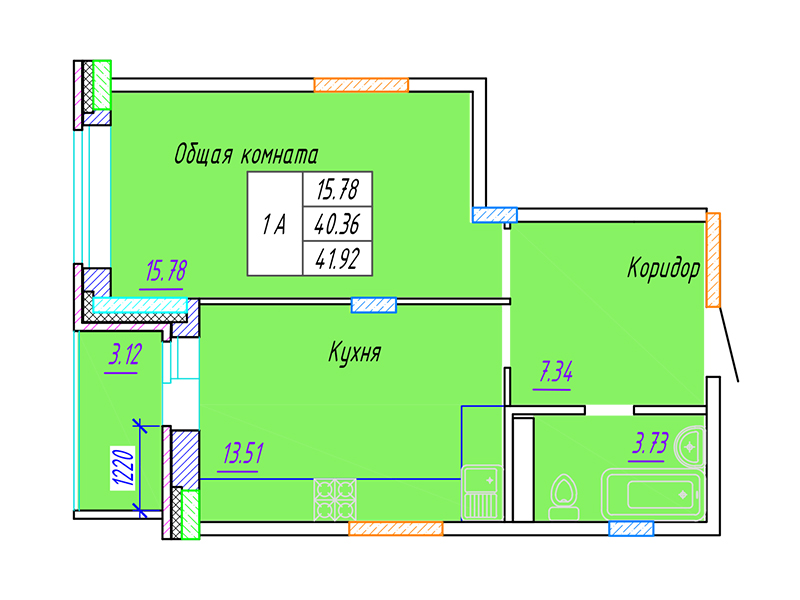 1-комнатная, 41.92 м² 1