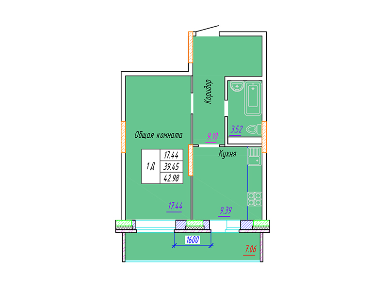 1-комнатная, 42.98 м² 1